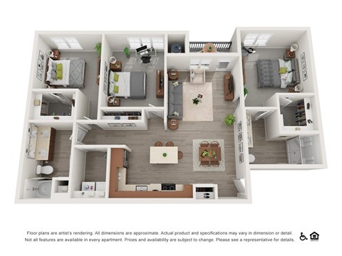 Floor plan for 3 beds, 2 baths, 1388 sqft