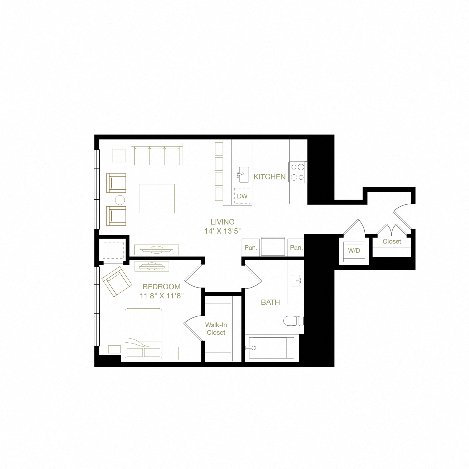 Floor plan for 1 bed, 1 bath, 760 sqft