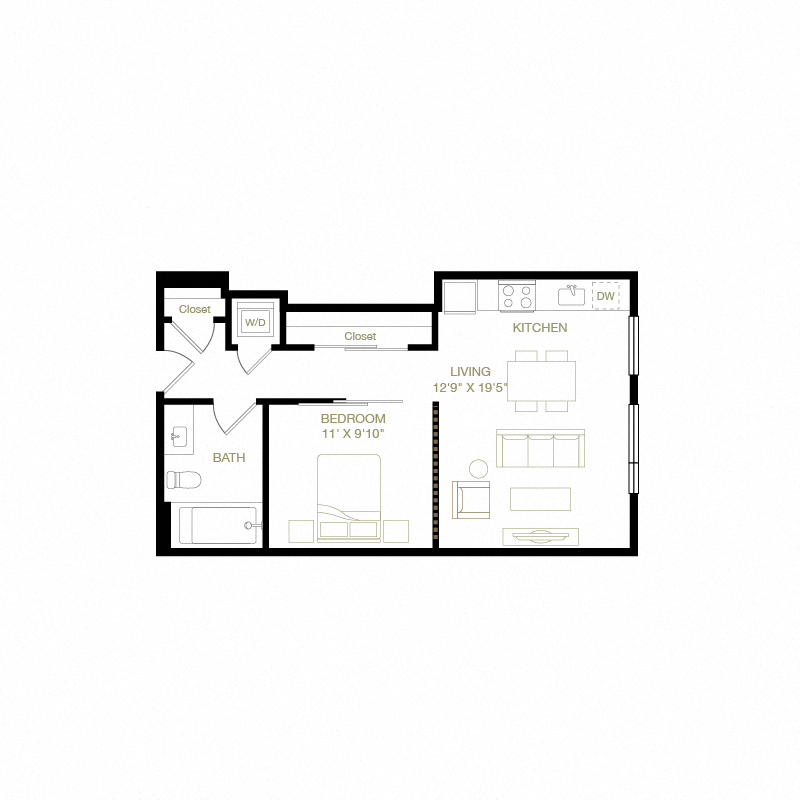 Floor plan for 1 bed, 1 bath, 585 sqft