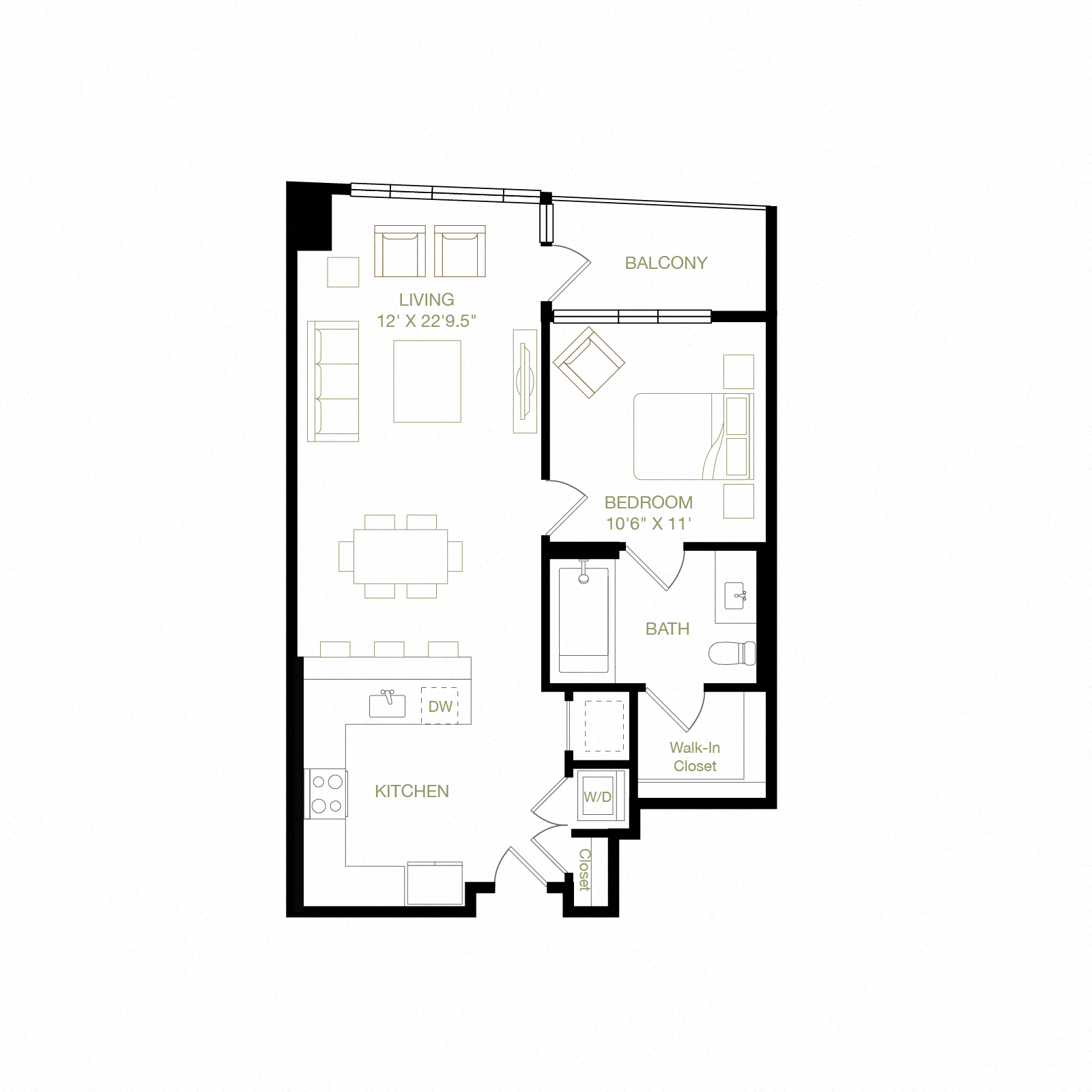 Floor plan for 1 bed, 1 bath, 730 sqft
