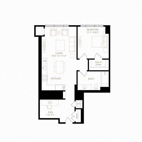 Floor plan for 1 bed, 1 bath, 840 sqft