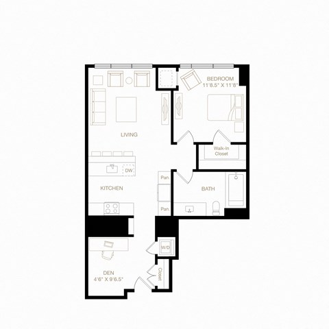 Floor plan for 1 bed, 1 bath, 840 sqft