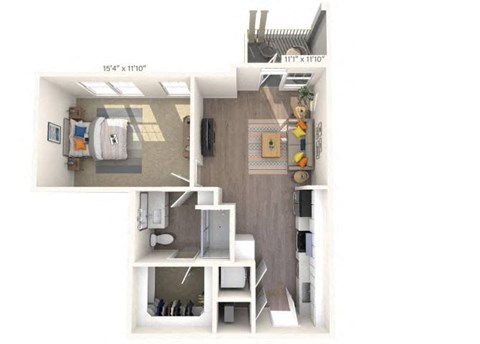 Floor plan for 1 bed, 1 bath, 683 sqft