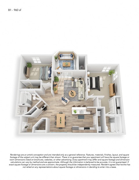 Floor plan for 2 beds, 2 baths, 960 sqft