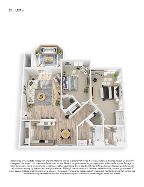 Floor plan for 2 beds, 2 baths, 1121 sqft