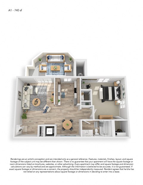 Floor plan for 1 bed, 1 bath, 740 sqft