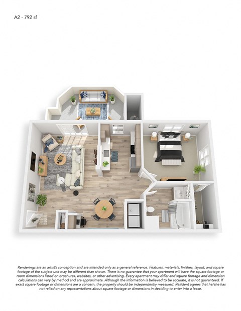 Floor plan for 1 bed, 1 bath, 792 sqft