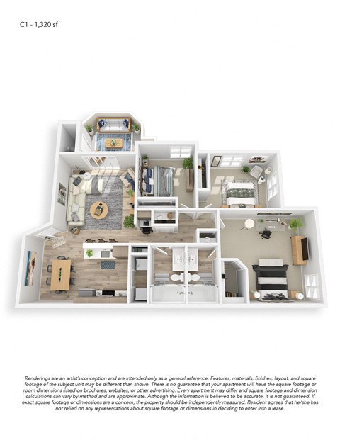 Floor plan for 3 beds, 2 baths, 1320 sqft