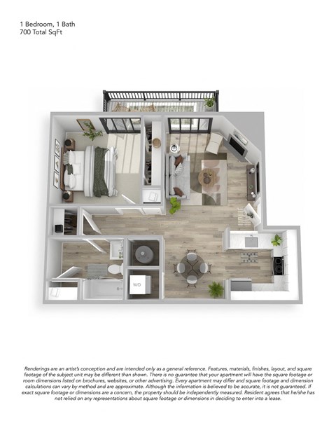 Floor plan for 1 bed, 1 bath, 700 sqft