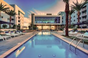 Tempe apartment for rent - A large swimming pool surrounded by lounge chairs and palm trees.