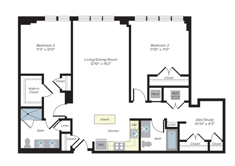 Floor plan for 2 beds, 2 baths, 1277 sqft