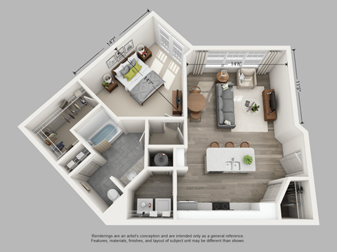 Floor plan for 1 bed, 1 bath, 810 sqft