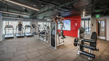 A gym with a variety of equipment including treadmills, weights, and exercise machines.