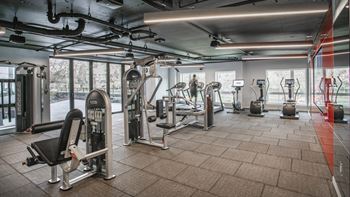 A gym with a variety of equipment including a rowing machine, a treadmill, and a weight bench.