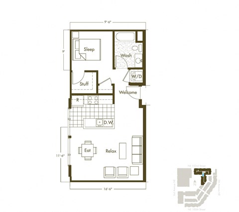Floor plan for 1 bed, 1 bath, 635 sqft