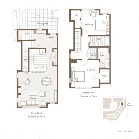 Floor plan for 2 beds, 2.5 baths, 1219 sqft