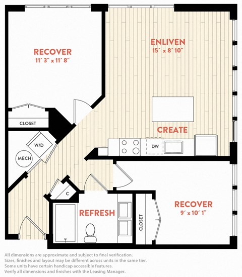 Floor plan for 2 beds, 1 bath, 802 sqft