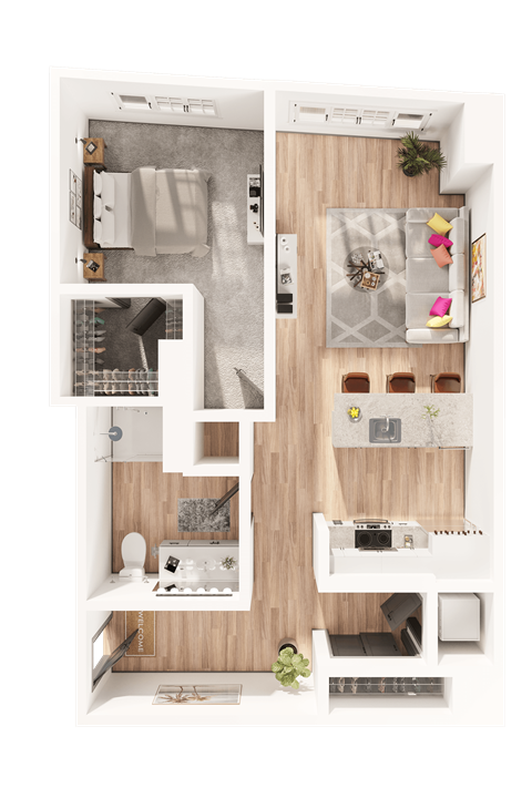 Floor plan for 1 bed, 1 bath, 765 sqft