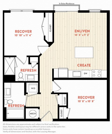 Floor plan for 2 beds, 2 baths, 868 sqft