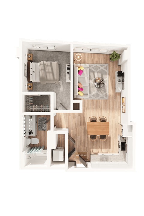 Floor plan for 1 bed, 1 bath, 680 sqft