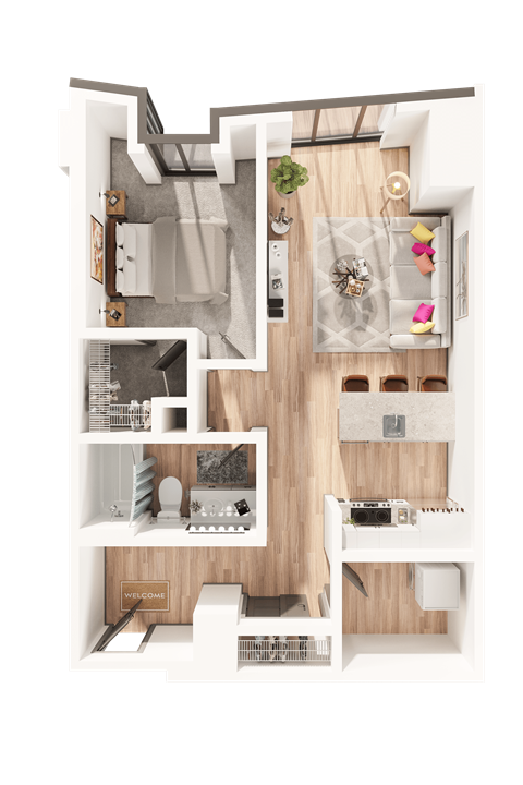 Floor plan for 1 bed, 1 bath, 803 sqft