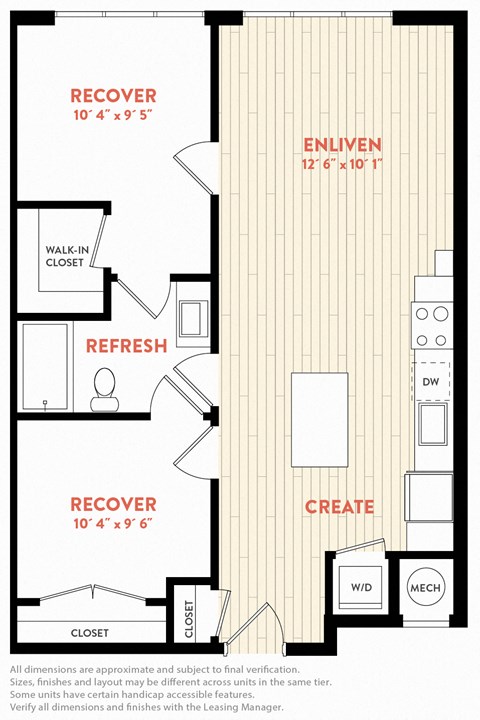 Floor plan for 1 bed, 1 bath, 809 sqft