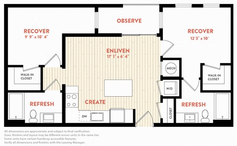 Floor plan for 2 beds, 2 baths, 828 sqft