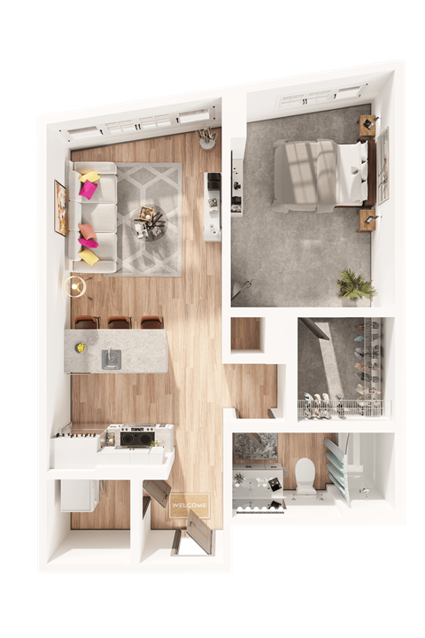 Floor plan for 1 bed, 1 bath, 696 sqft
