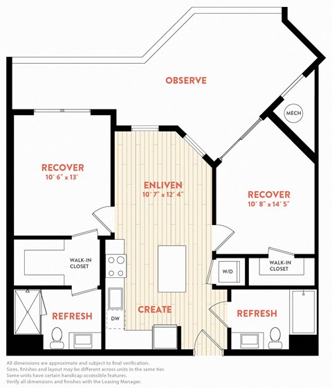Floor plan for 2 beds, 2 baths, 833 sqft