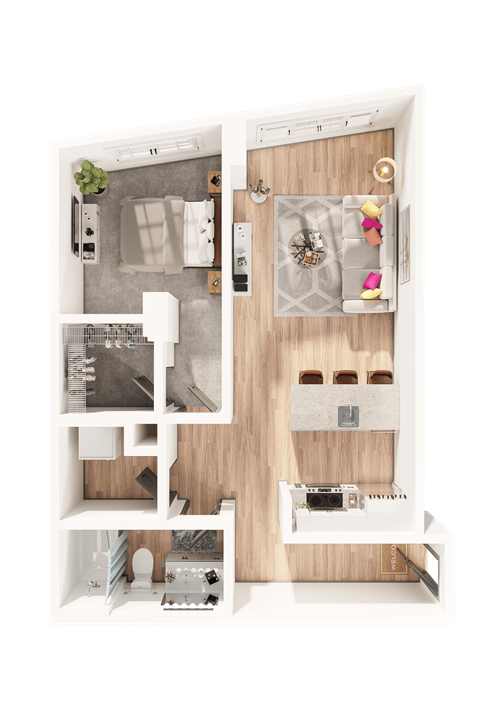 Floor plan for 1 bed, 1 bath, 803 sqft