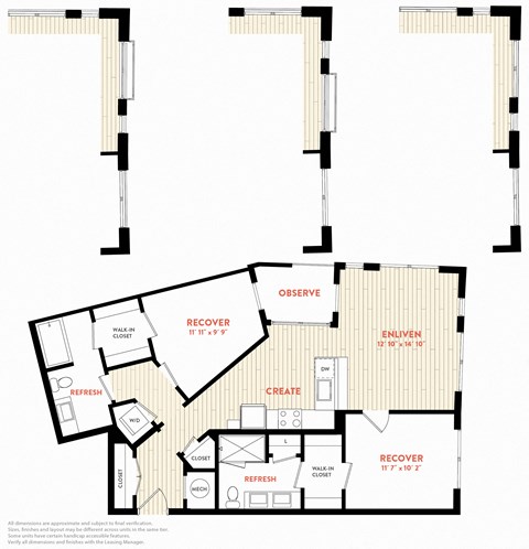Floor plan for 2 beds, 2 baths, 1005 sqft