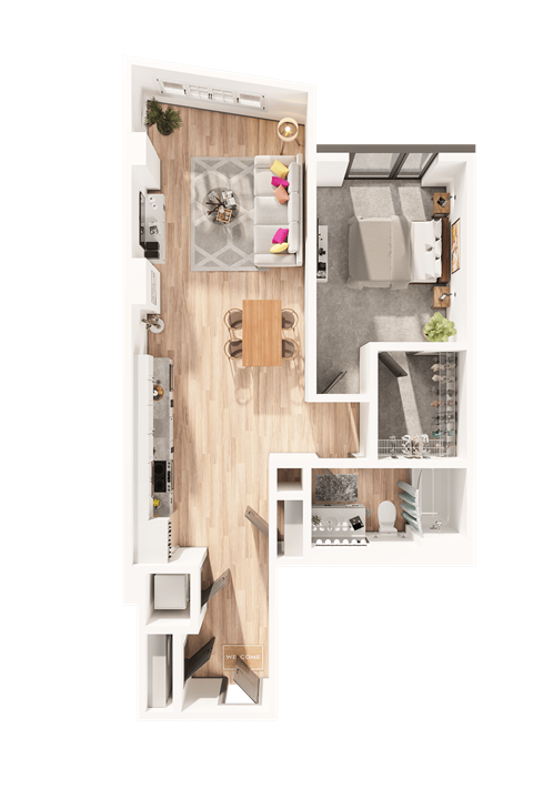 Floor plan for 1 bed, 1 bath, 836 sqft