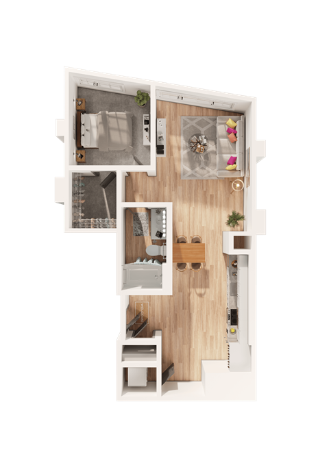 Floor plan for 1 bed, 1 bath, 761 sqft