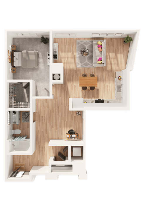 Floor plan for 1 bed, 1 bath, 951 sqft