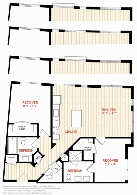 Floor plan for 2 beds, 2 baths, 1077 sqft