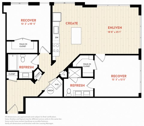 Floor plan for 2 beds, 2 baths, 1017 sqft