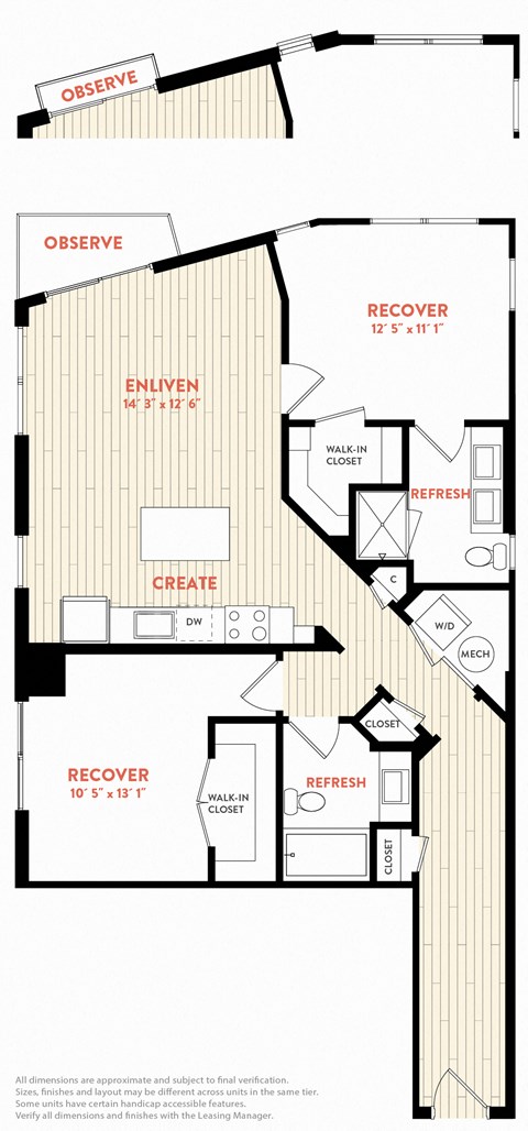 Floor plan for 2 beds, 2 baths, 1098 sqft