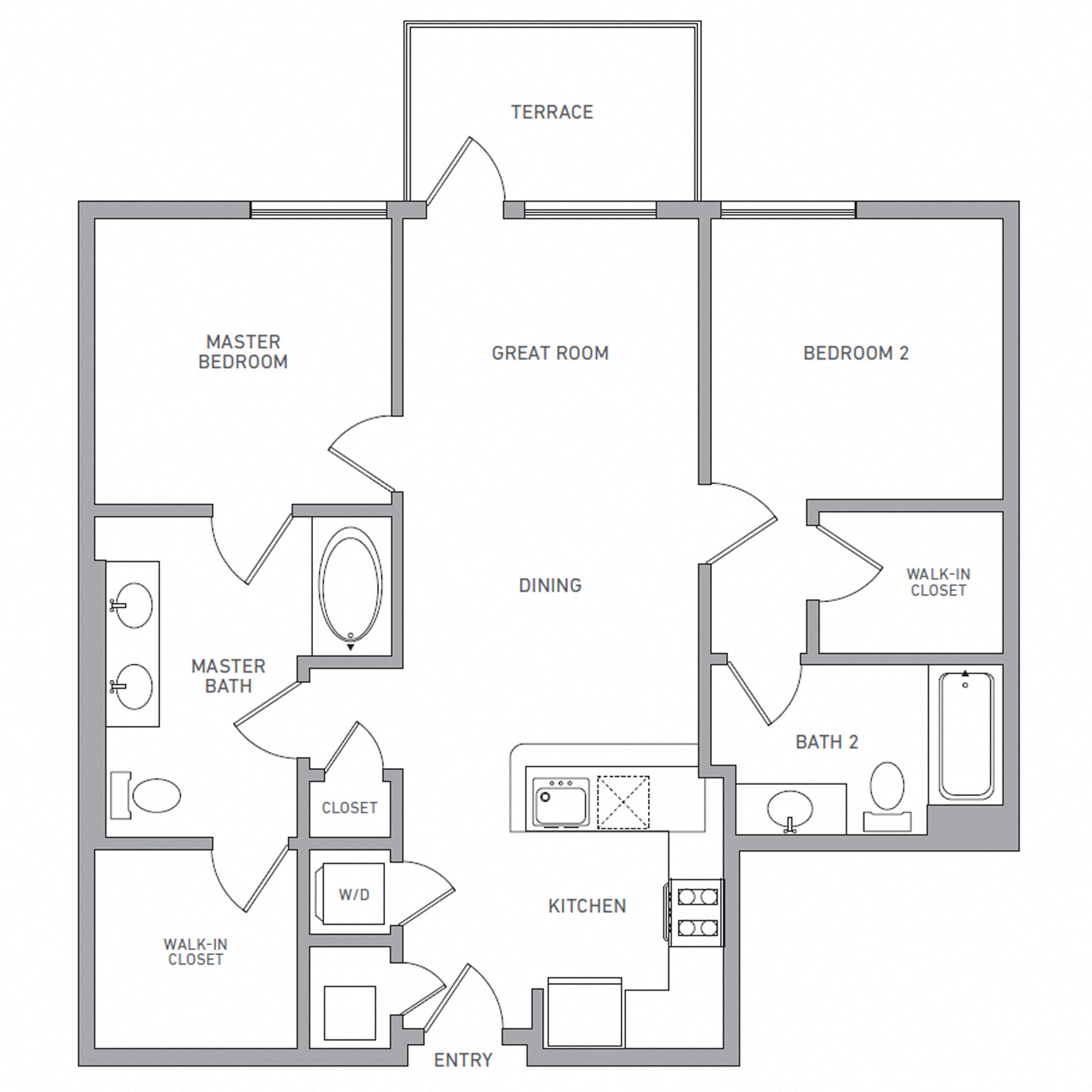Floor plan for 2 beds, 2 baths, 992 sqft