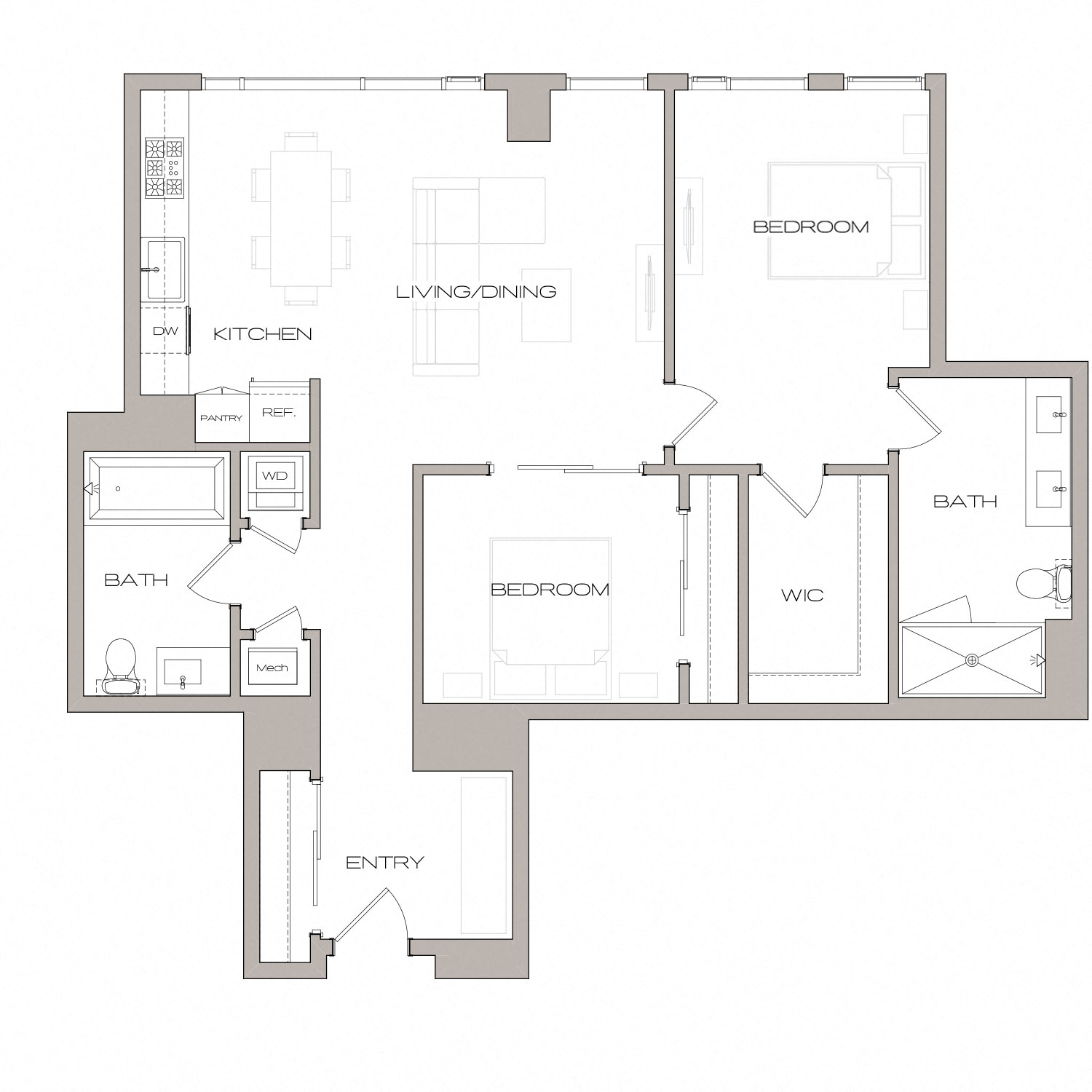 Floor plan for 2 beds, 2 baths, 1076 sqft