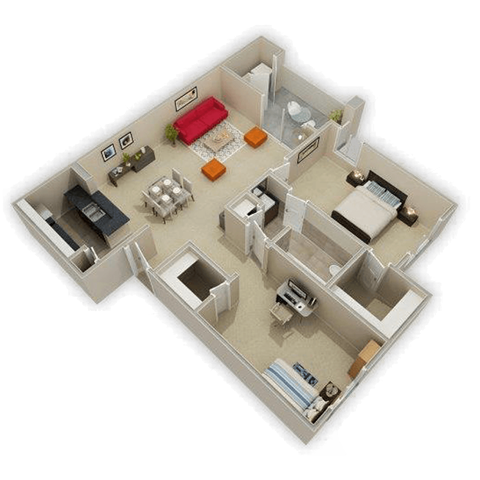 Floor plan for 2 beds, 1 bath, 933 sqft