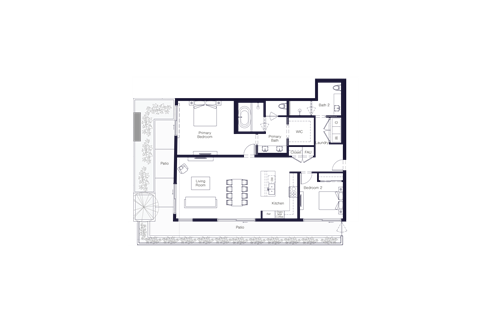 Floor plan for 2 beds, 2 baths, 1667 sqft