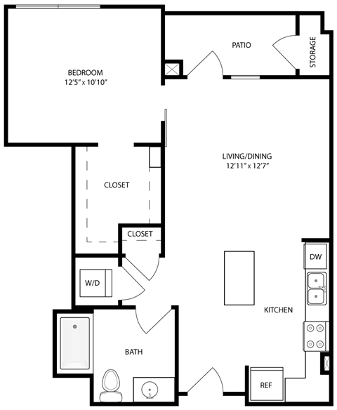 Floor plan for 1 bed, 1 bath, 645 sqft