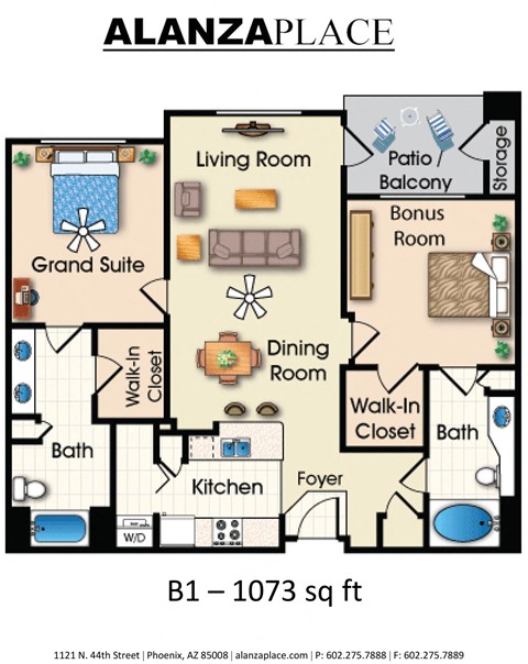 Floor plan for 2 beds, 2 baths, 1073 sqft