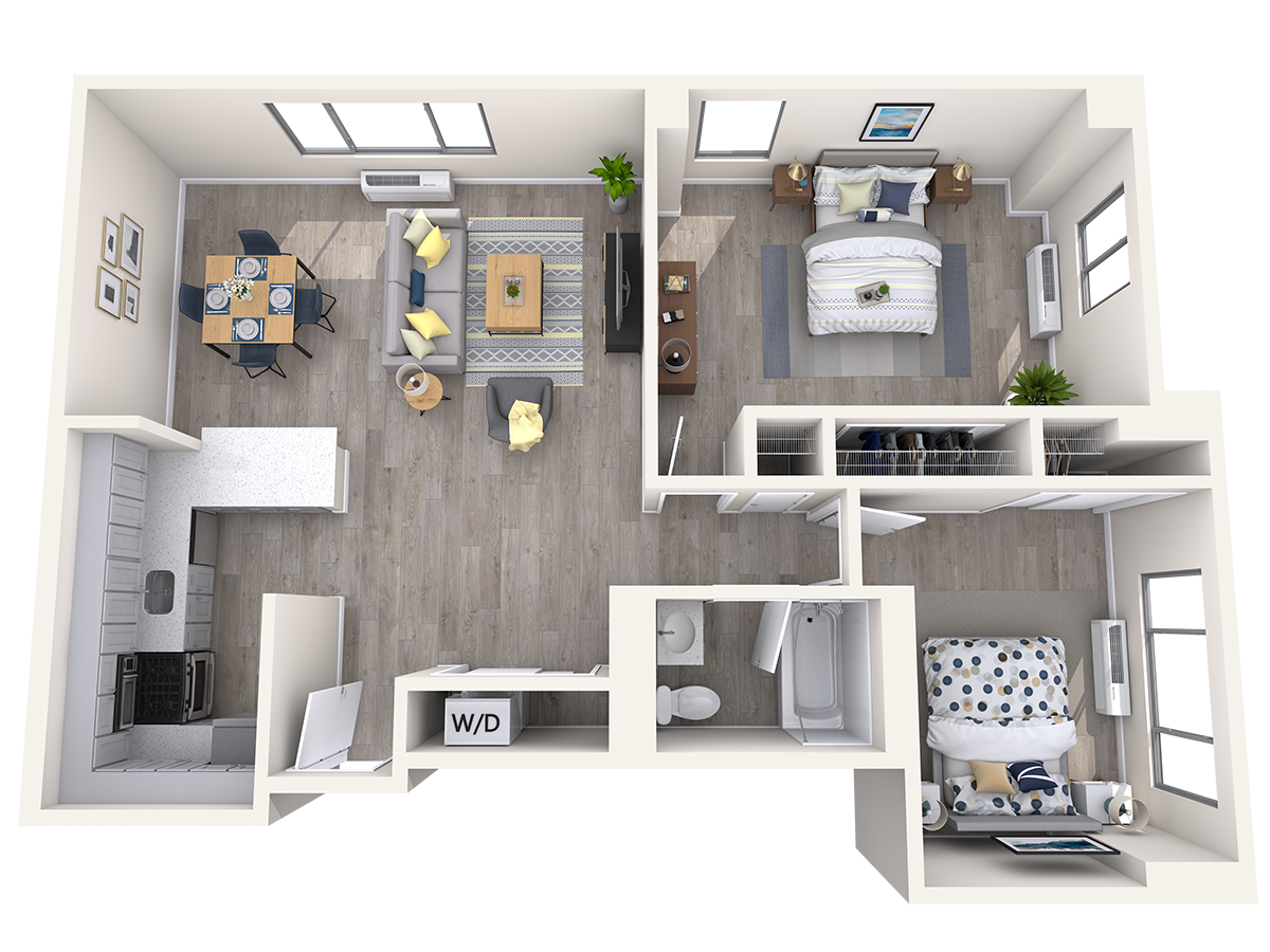 Floor plan for 2 beds, 1 bath, 879 sqft