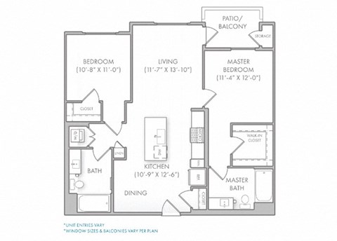 Floor plan for 2 beds, 2 baths, 1049 sqft