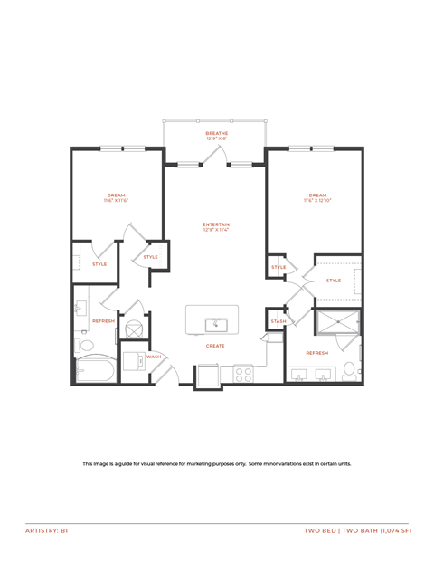 Floor plan for 2 beds, 2 baths, 1074 sqft
