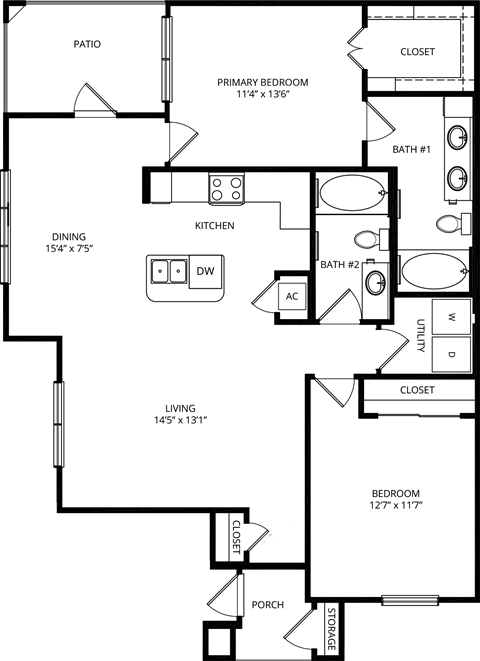 Floor plan for 2 beds, 2 baths, 1160 sqft