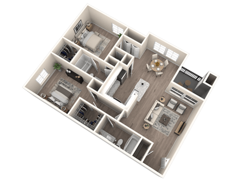 Floor plan for 2 beds, 2 baths, 1047 sqft