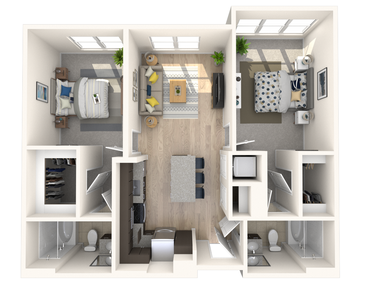 Floor plan for 2 beds, 2 baths, 947 sqft