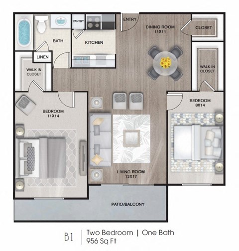 Floor plan for 2 beds, 1 bath, 956 sqft